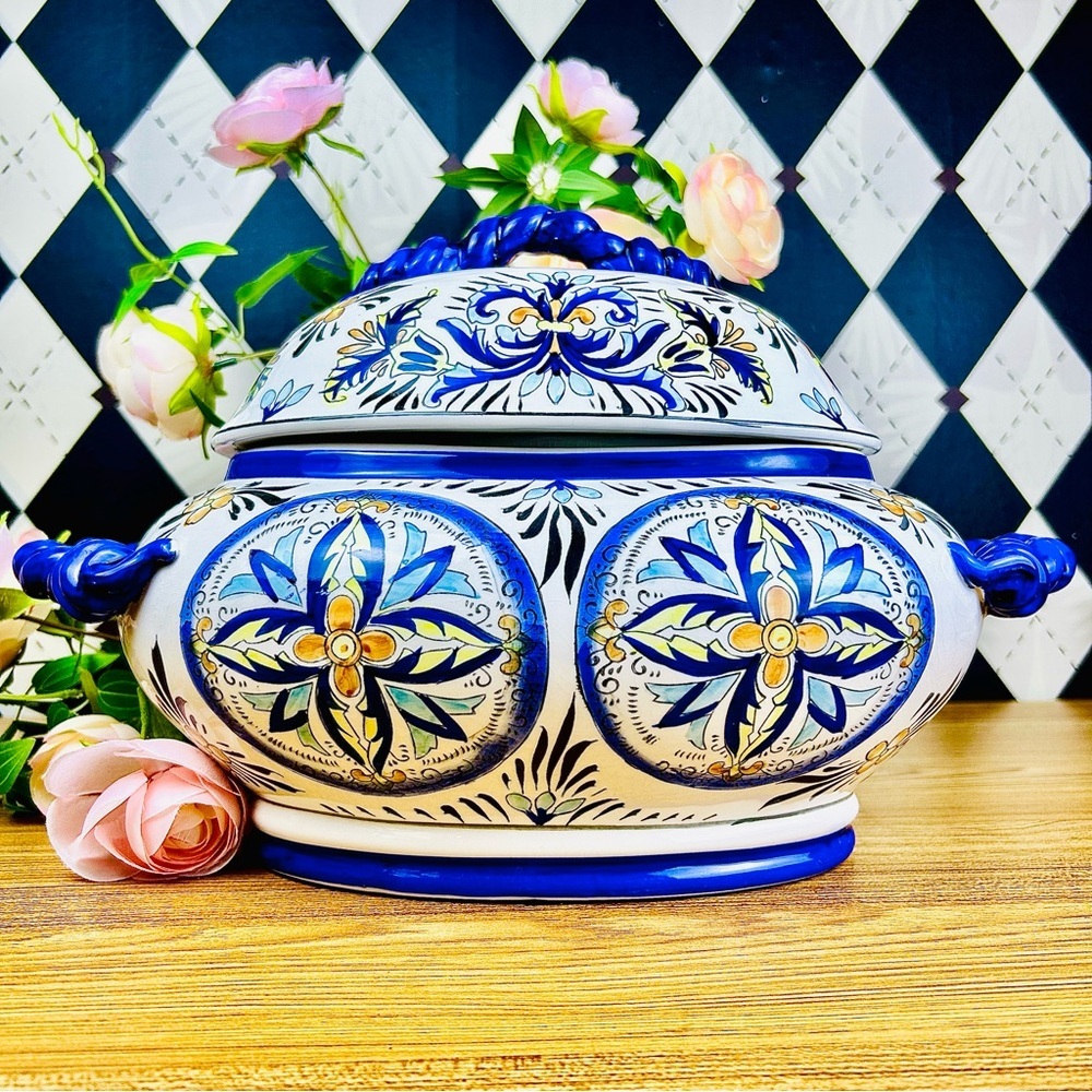 Italian Tureen Ceramic Large HandPainted Mediterranean Cobalt Blue Lidded Server - Picture 3 of 11
